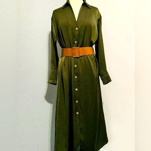 Zara New Green Long Sleeve Belted Satin Effect Button